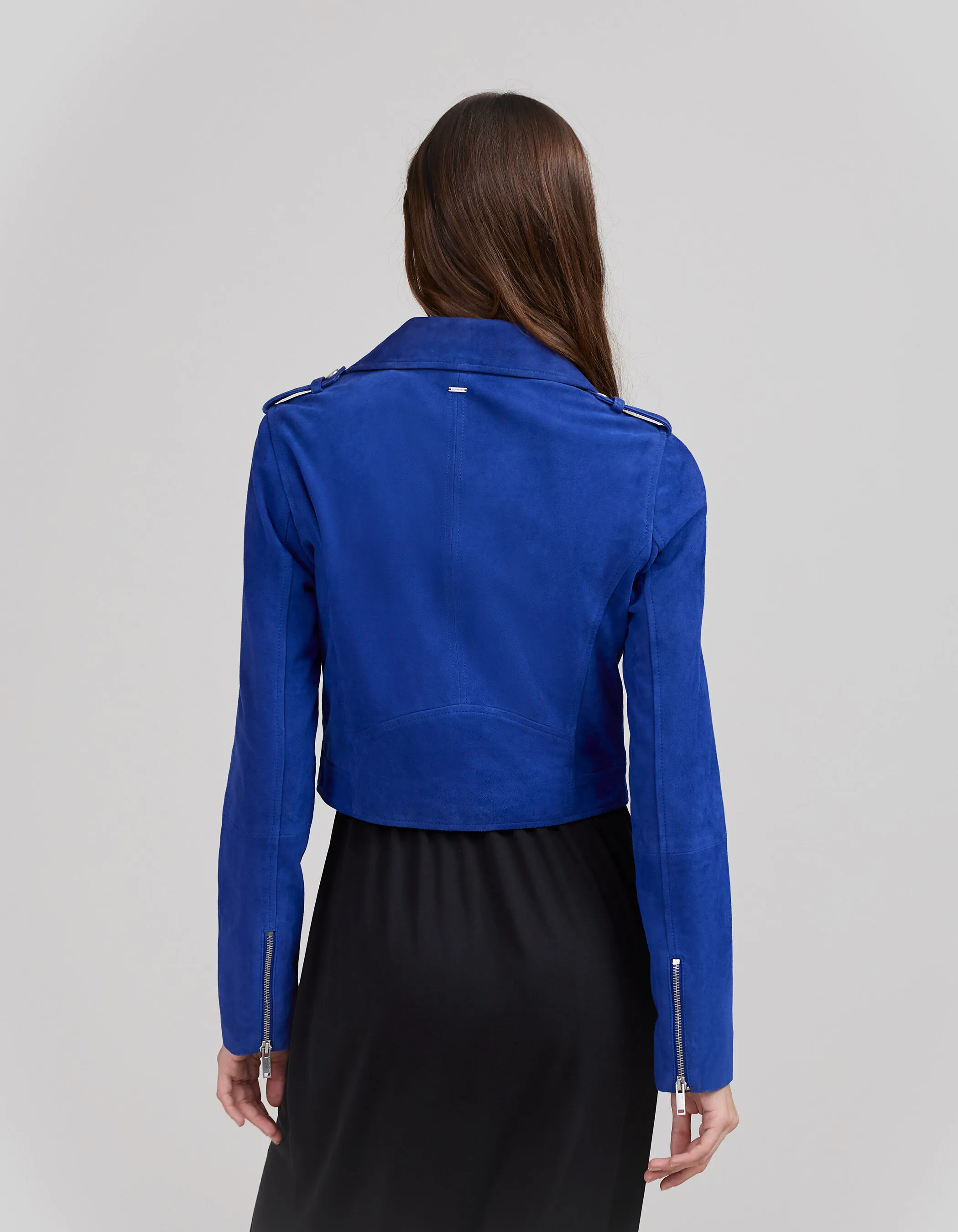 Blouson en cuir velours cobalt esprit motard Femme