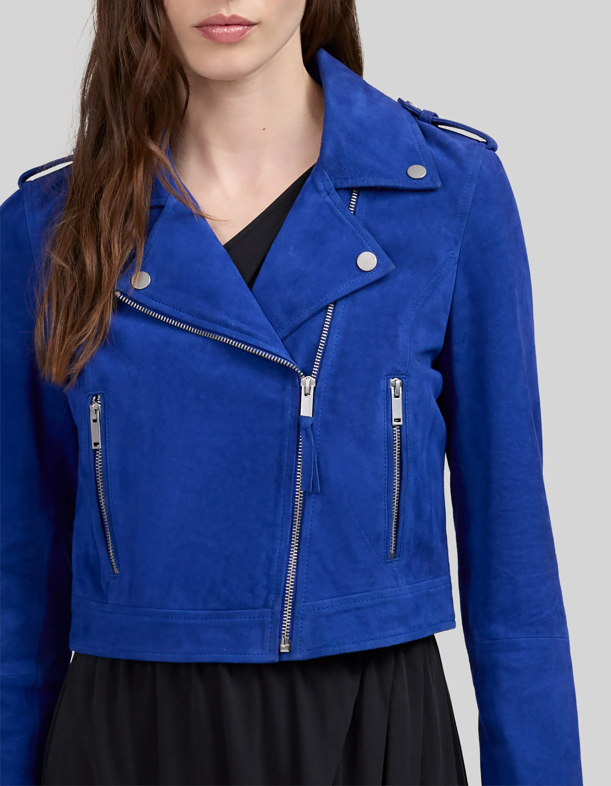 Blouson en cuir velours cobalt esprit motard Femme