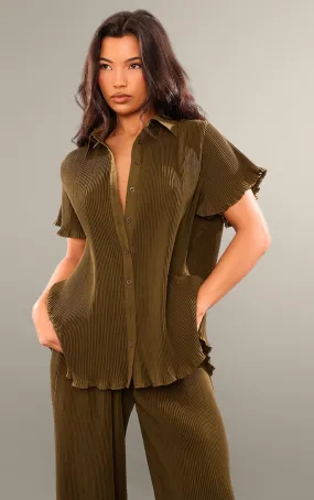 Chemise à manches courtes vert olive en mousseline de soie plissée