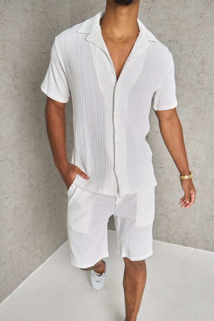 Ensemble 2 pièces chemise + short blanc à motif vague