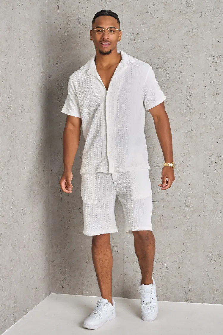 Ensemble 2 pièces chemise + short blanc à motif vague