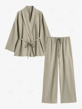 Ensemble Haut Kimono En Couleur Unie à Manches Longues Et Pantalon Ceinturé à Jambe Droite Pour Femme - Café Lumière L