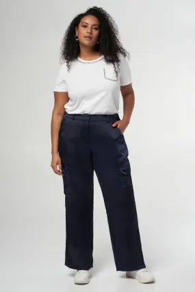 Femmes Pantalon aspect satiné avec poches cargo Marine | MS Mode