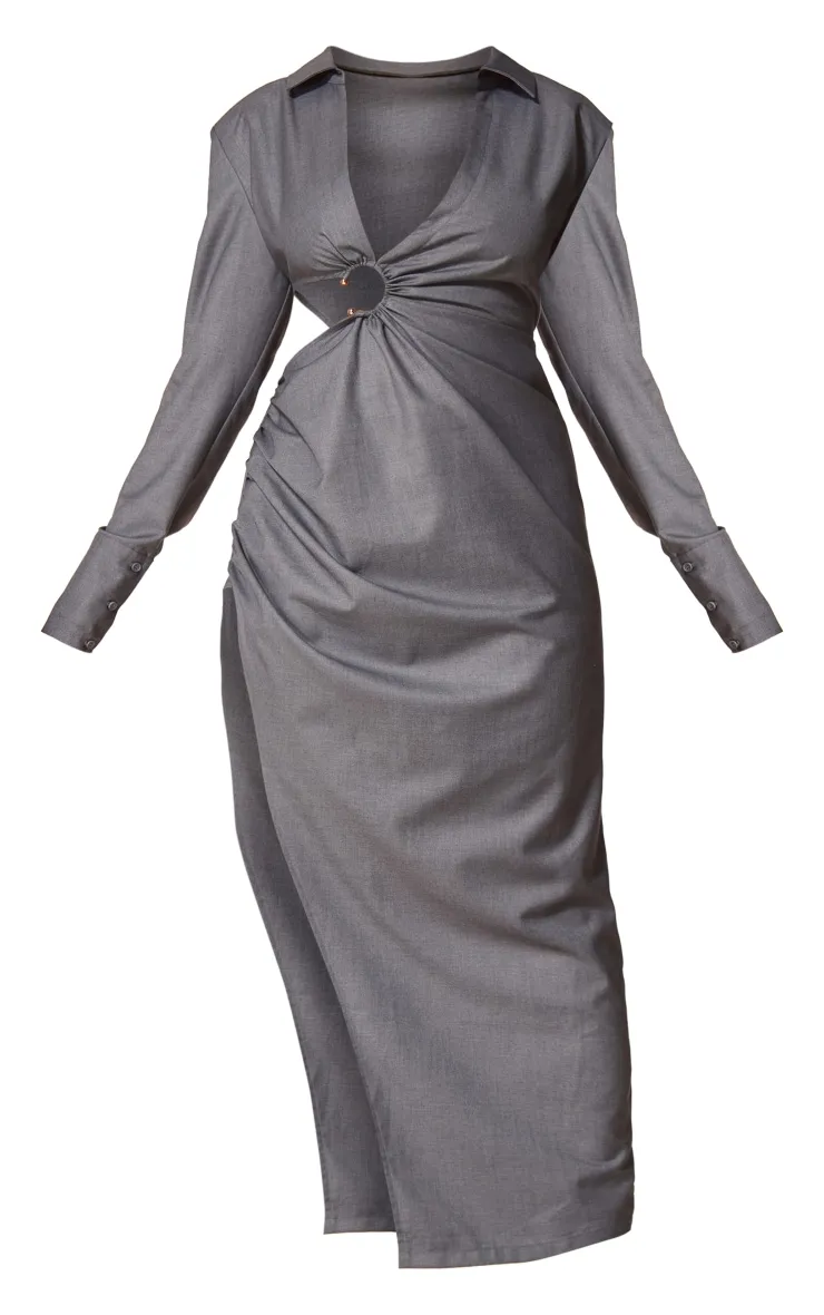 Label PLT Plus Robe chemise longue gris anthracite à détail anneau