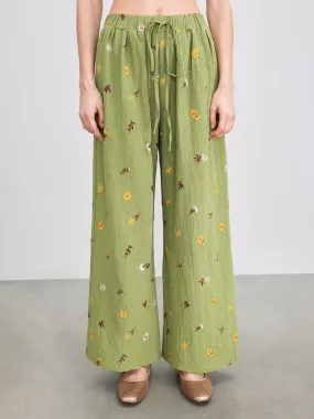 Pantalon noué à poches avec broderie florale taille moyenne