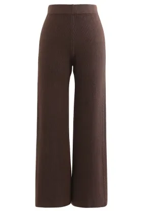 Pantalon à jambe droite en tricot à double tresses en marron