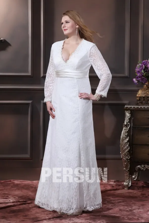 Robe mariée grande taille simple encolure en v manche longue en dentelle ruban en satin