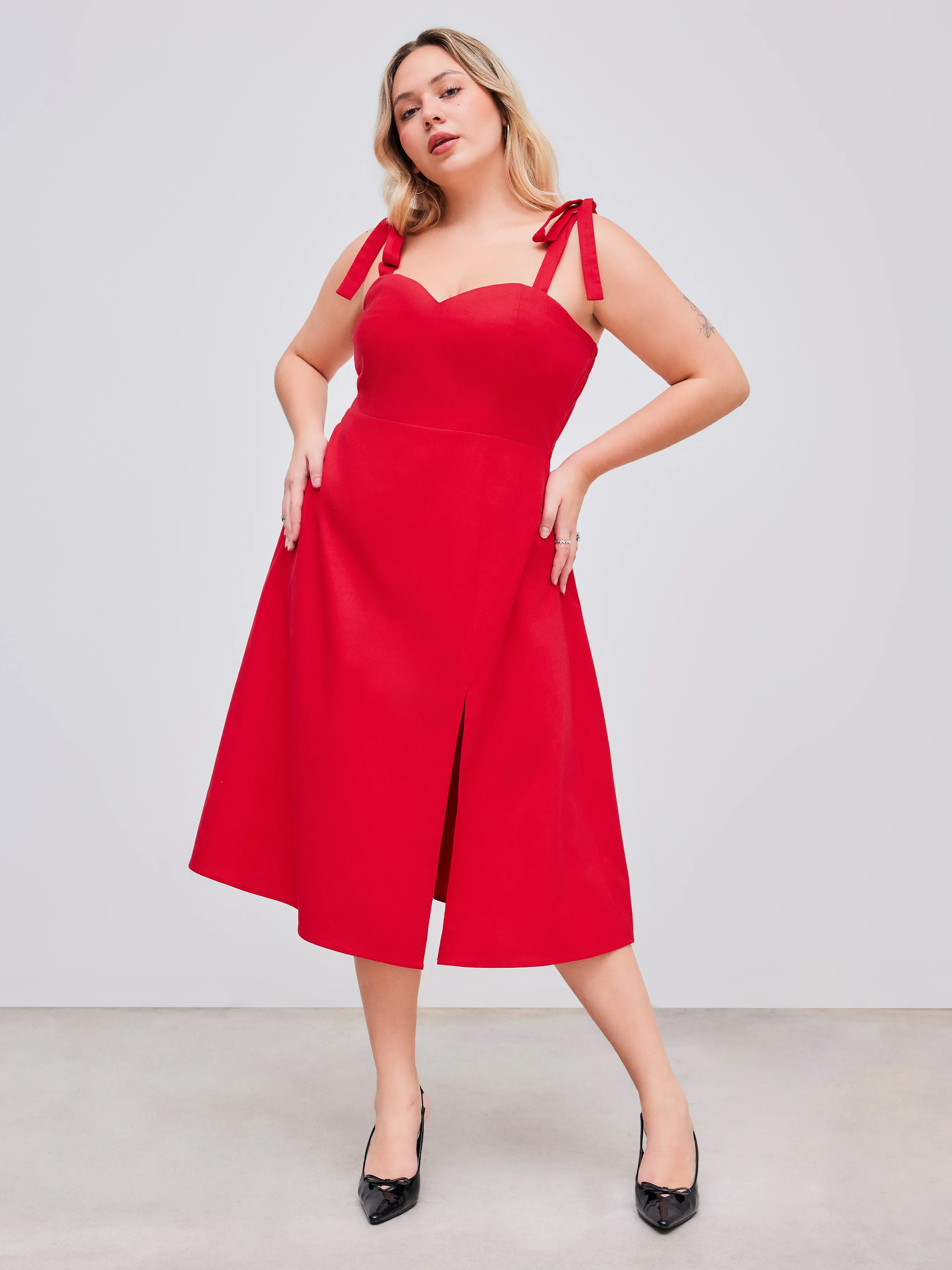 Robe midi plissée à nœud en lin mélangé unie Curve & Plus