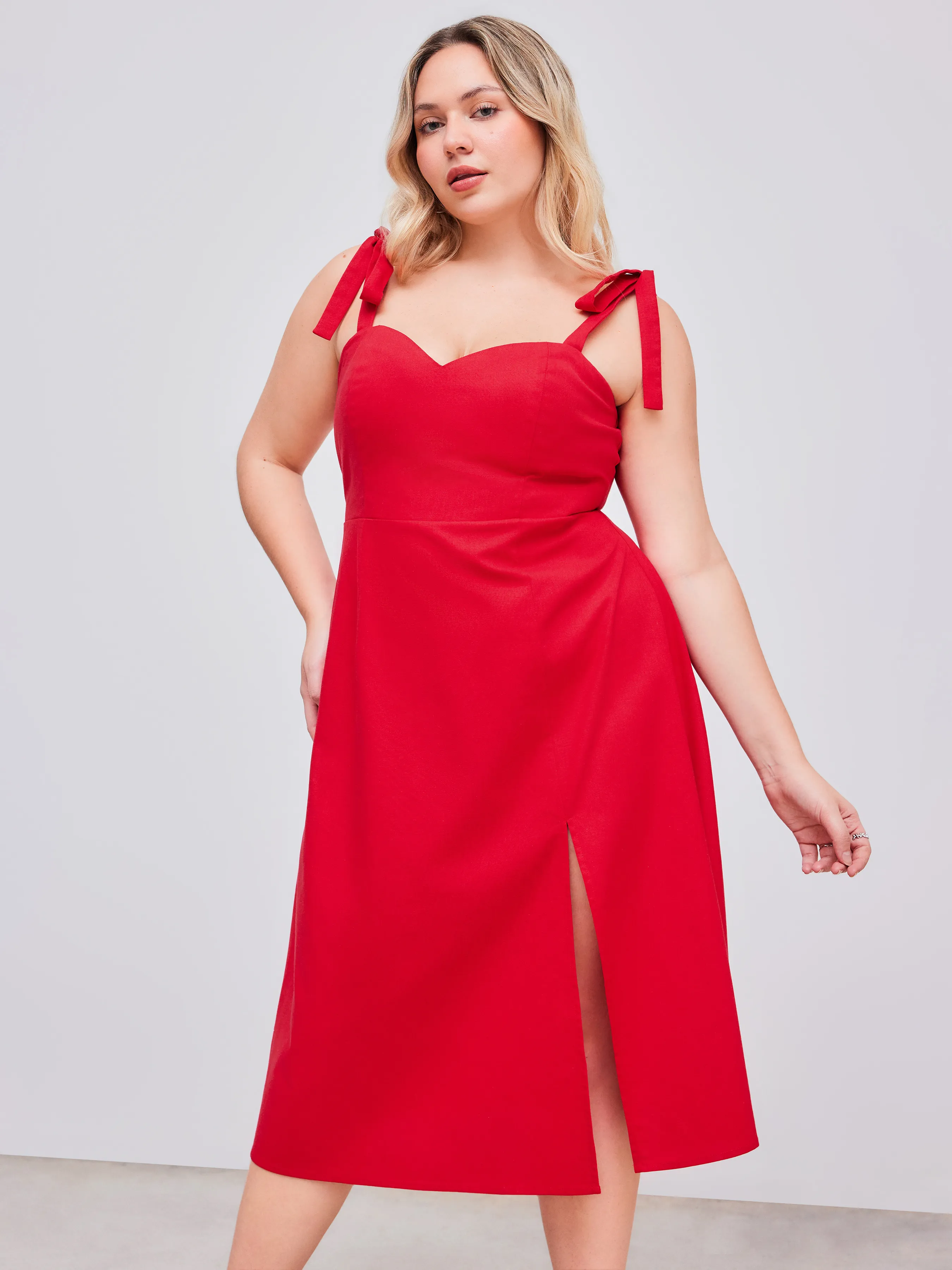 Robe midi plissée à nœud en lin mélangé unie Curve & Plus