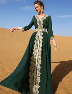 Robe Vintage en Dentelle Brodée Vert Foncé