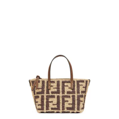 Roll Mini - Mini sac en raphia au crochet FF marron | Fendi