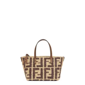 Roll Mini - Mini sac en raphia au crochet FF marron | Fendi