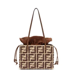 Roll Small - Sac shopping en raphia au crochet FF marron avec pochette | Fendi