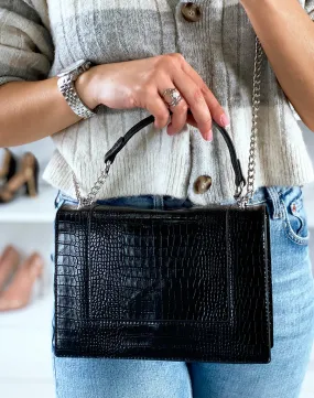 Sac bandoulière noir effet croco avec chaîne argentée