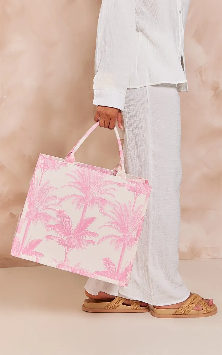 Tote bag en toile rose tendre imprimé palmiers