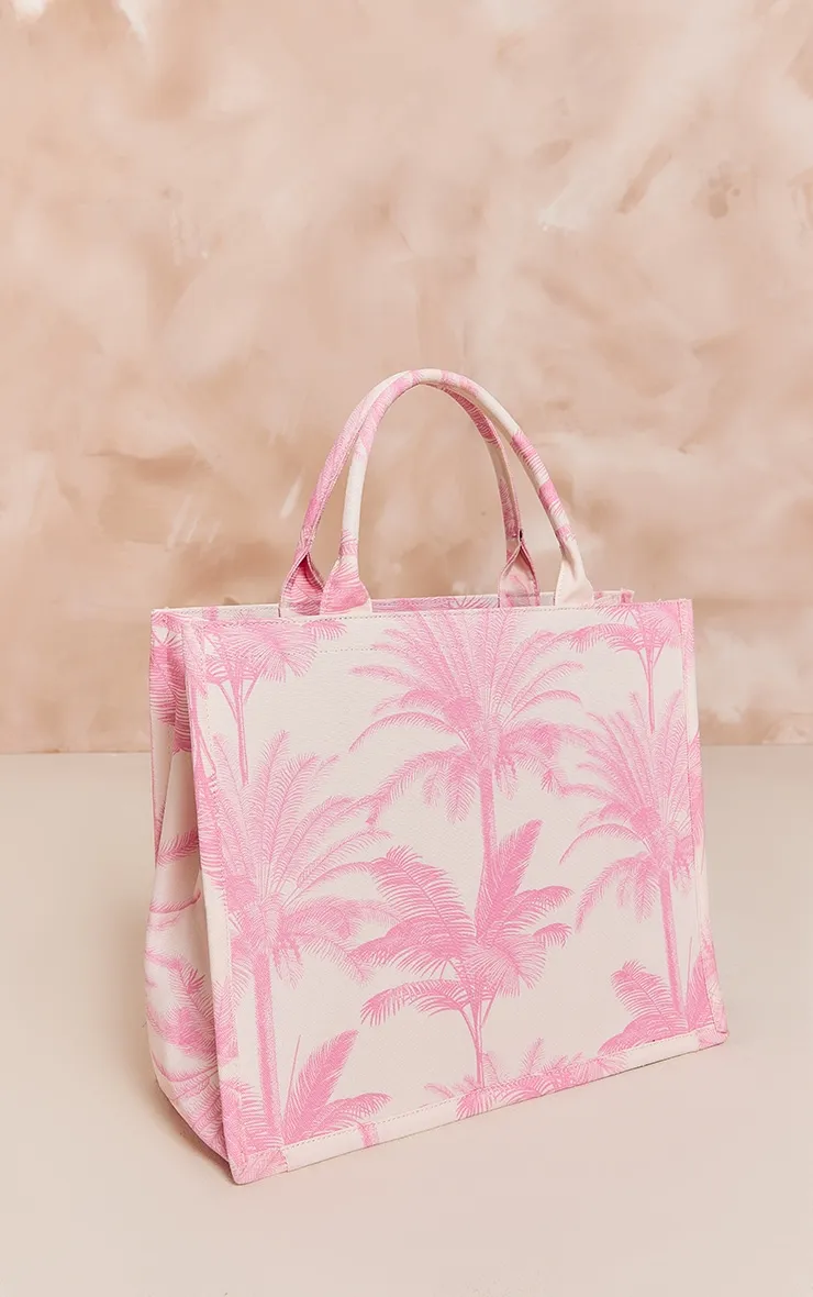 Tote bag en toile rose tendre imprimé palmiers